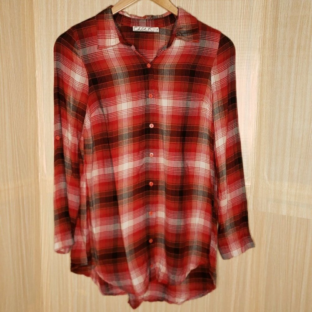 Chloe K  Red Plaid Rayon Button Down Tunic Medium